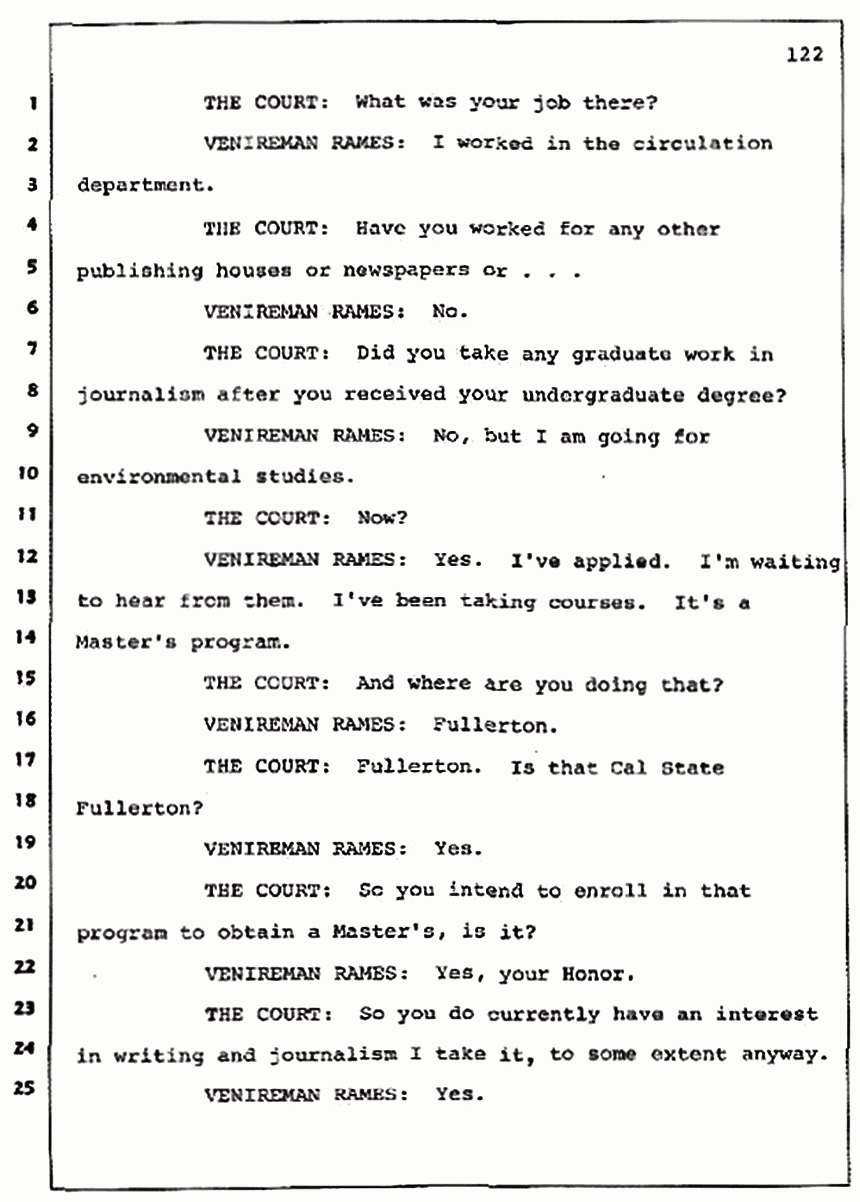 Los Angeles, California Civil Trial<br>Jeffrey MacDonald vs. Joe McGinniss<br><br>July 7, 1987: Jury selection, p. 122