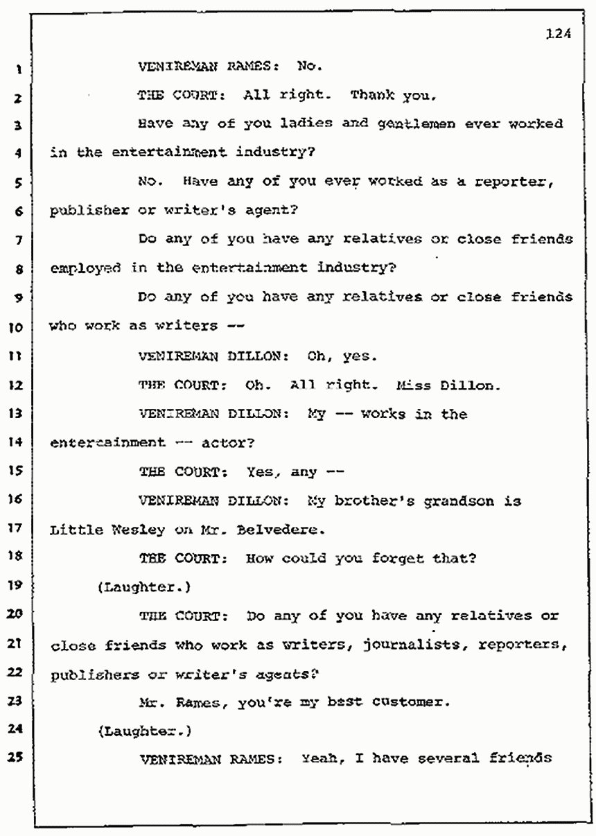 Los Angeles, California Civil Trial<br>Jeffrey MacDonald vs. Joe McGinniss<br><br>July 7, 1987: Jury selection, p. 124