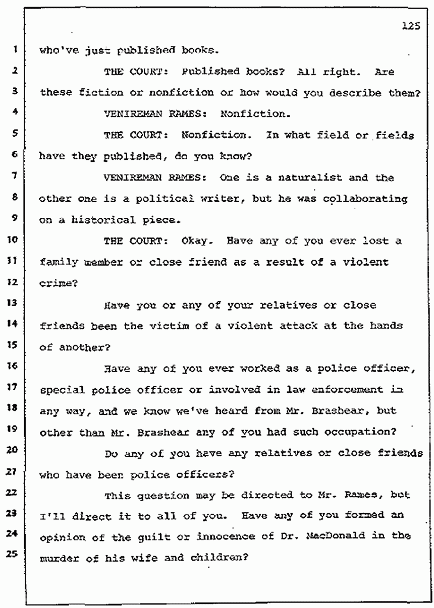 Los Angeles, California Civil Trial<br>Jeffrey MacDonald vs. Joe McGinniss<br><br>July 7, 1987: Jury selection, p. 125