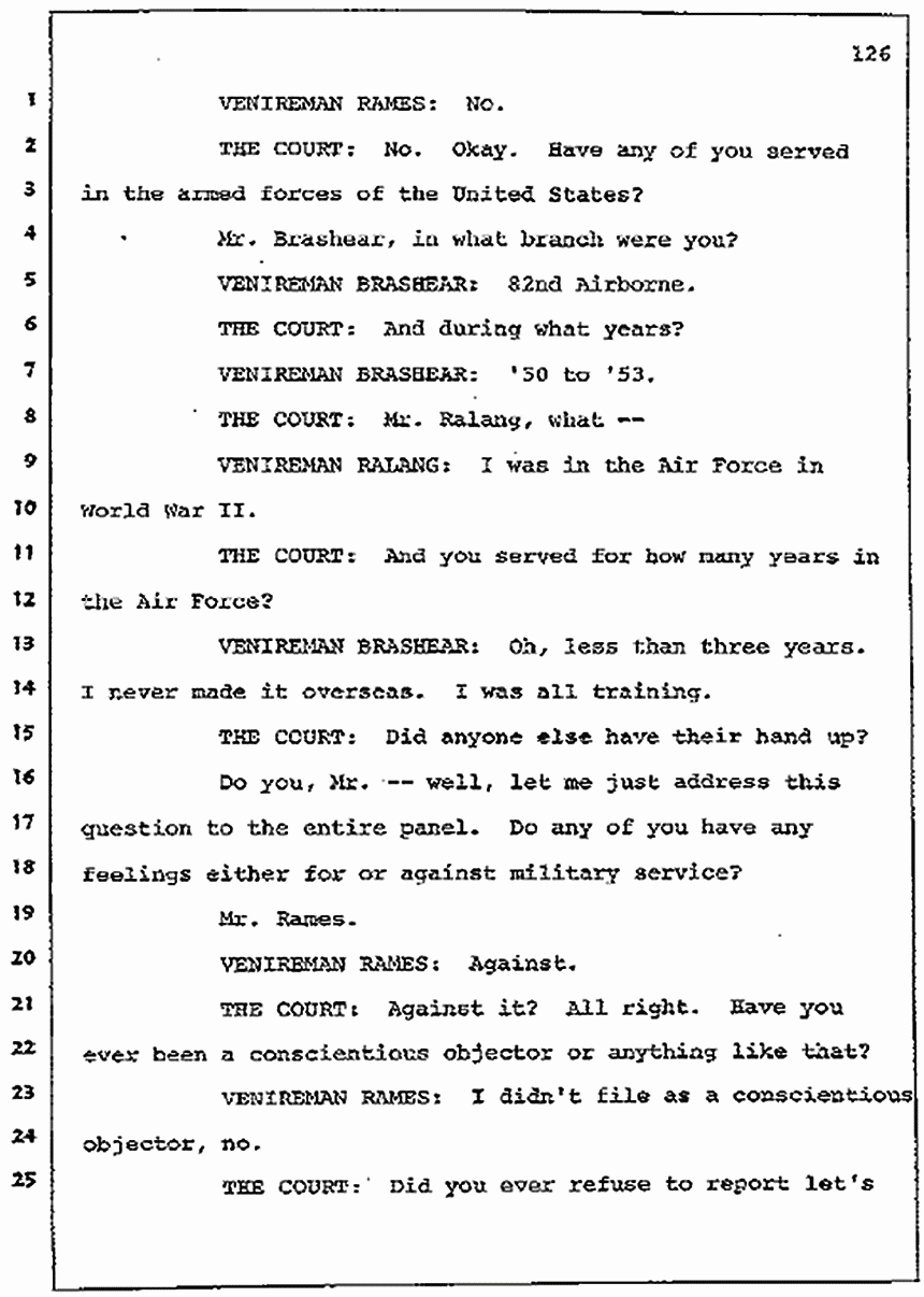 Los Angeles, California Civil Trial<br>Jeffrey MacDonald vs. Joe McGinniss<br><br>July 7, 1987: Jury selection, p. 126