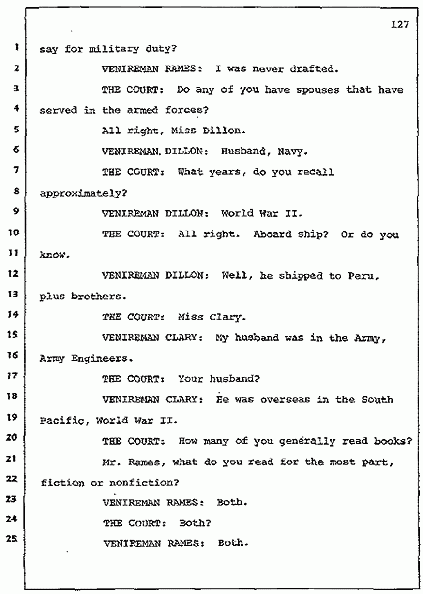 Los Angeles, California Civil Trial<br>Jeffrey MacDonald vs. Joe McGinniss<br><br>July 7, 1987: Jury selection, p. 127