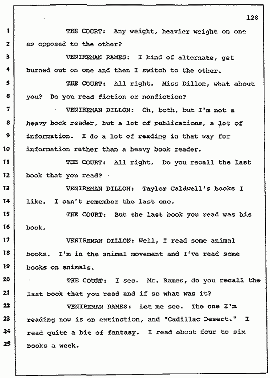 Los Angeles, California Civil Trial<br>Jeffrey MacDonald vs. Joe McGinniss<br><br>July 7, 1987: Jury selection, p. 128