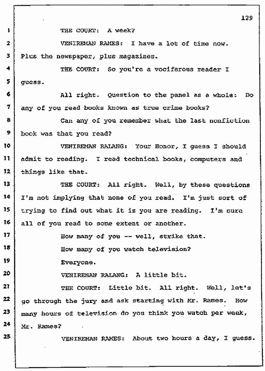 Los Angeles, California Civil Trial<br>Jeffrey MacDonald vs. Joe McGinniss<br><br>July 7, 1987: Jury selection, p. 129