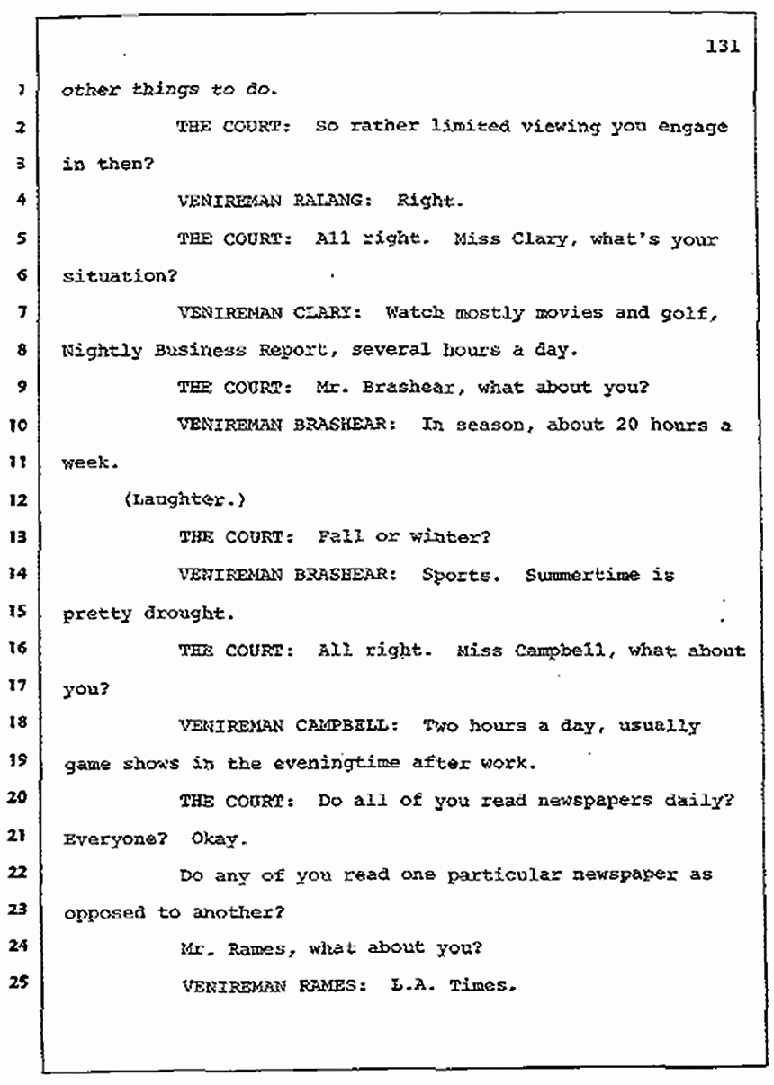Los Angeles, California Civil Trial<br>Jeffrey MacDonald vs. Joe McGinniss<br><br>July 7, 1987: Jury selection, p. 131
