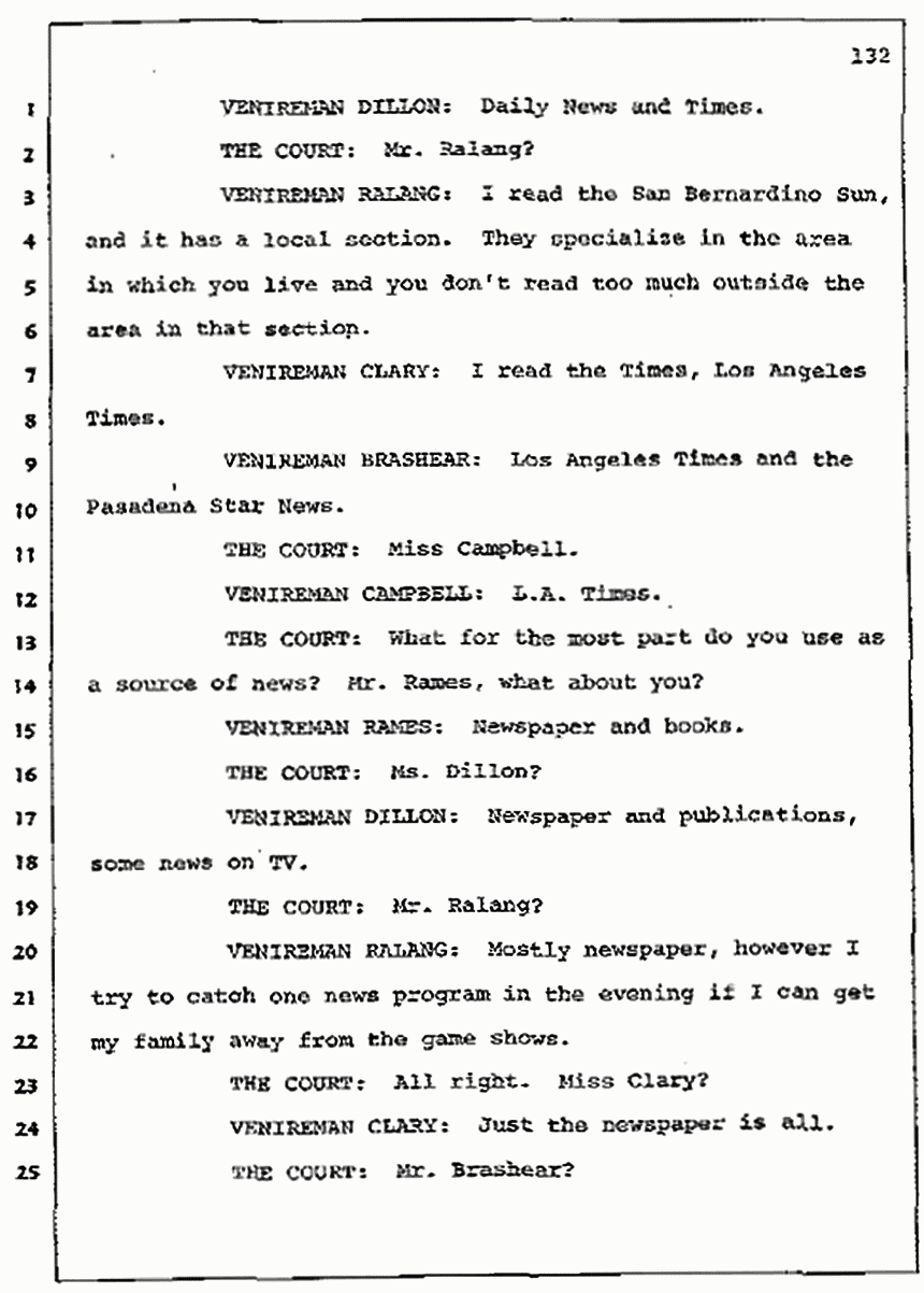 Los Angeles, California Civil Trial<br>Jeffrey MacDonald vs. Joe McGinniss<br><br>July 7, 1987: Jury selection, p. 132