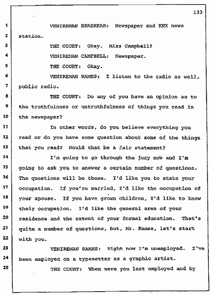 Los Angeles, California Civil Trial<br>Jeffrey MacDonald vs. Joe McGinniss<br><br>July 7, 1987: Jury selection, p. 133