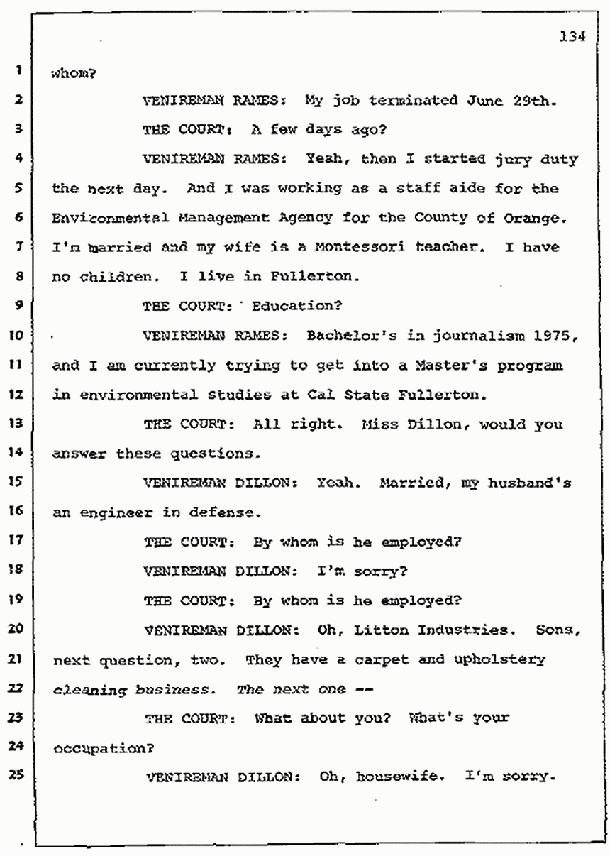 Los Angeles, California Civil Trial<br>Jeffrey MacDonald vs. Joe McGinniss<br><br>July 7, 1987: Jury selection, p. 134