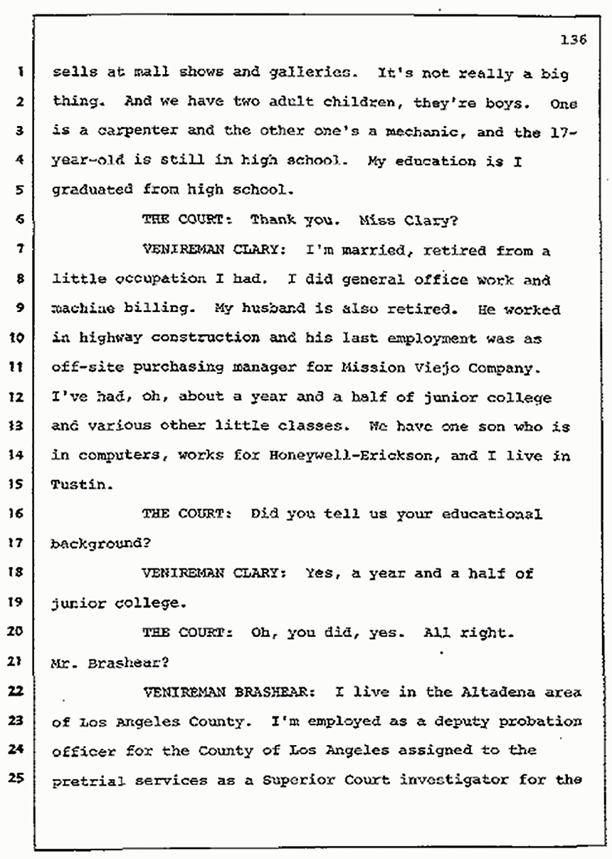 Los Angeles, California Civil Trial<br>Jeffrey MacDonald vs. Joe McGinniss<br><br>July 7, 1987: Jury selection, p. 136