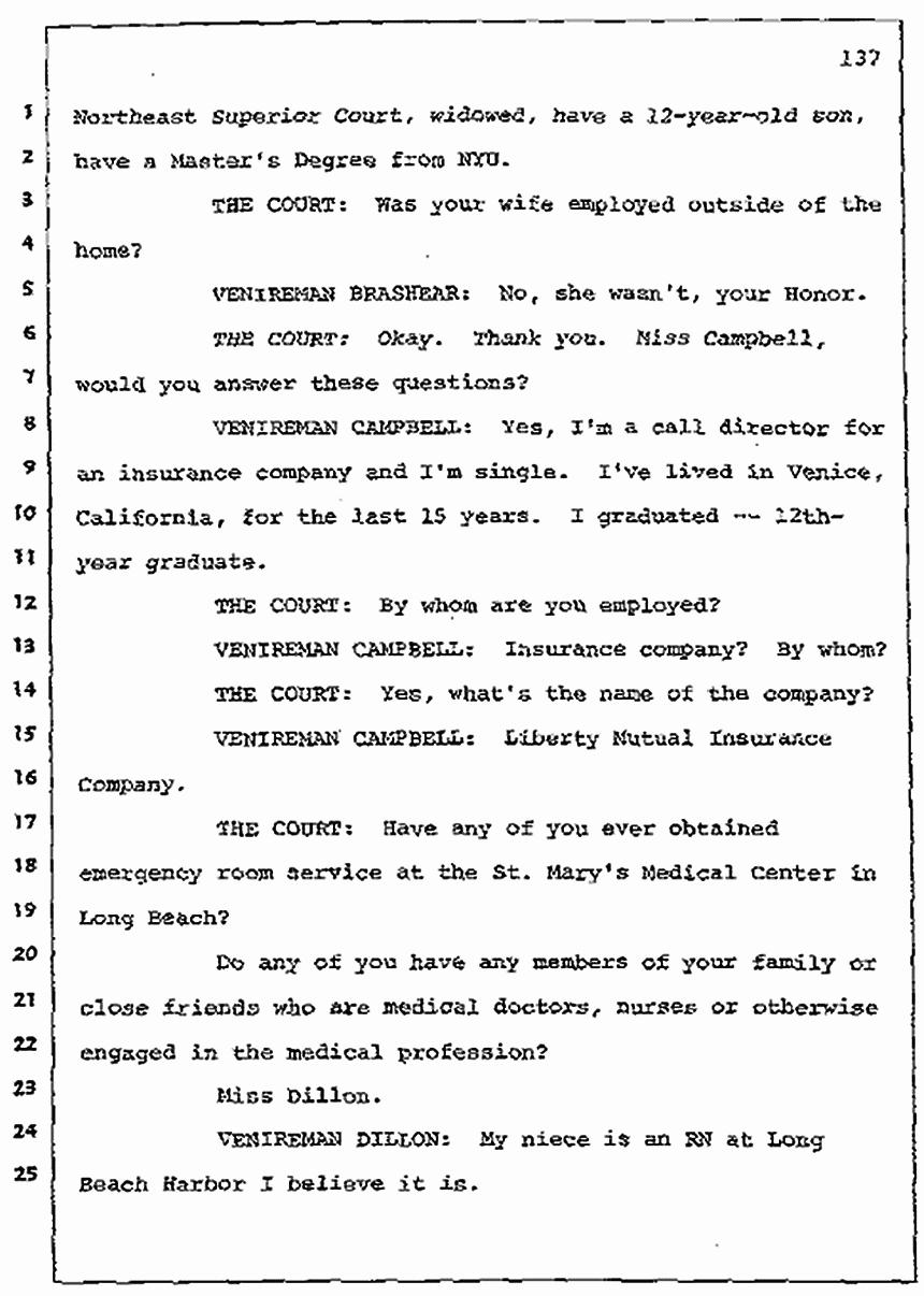Los Angeles, California Civil Trial<br>Jeffrey MacDonald vs. Joe McGinniss<br><br>July 7, 1987: Jury selection, p. 137