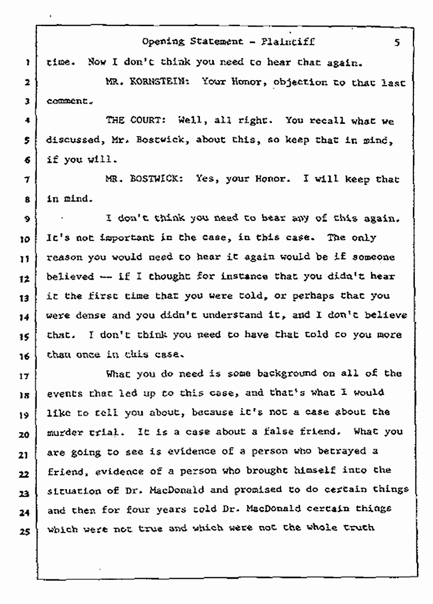 Los Angeles, California<br>Jeffrey MacDonald vs. Joe McGinniss Civil Trial<br><br>July 8, 1987: Opening Statements, p. 5