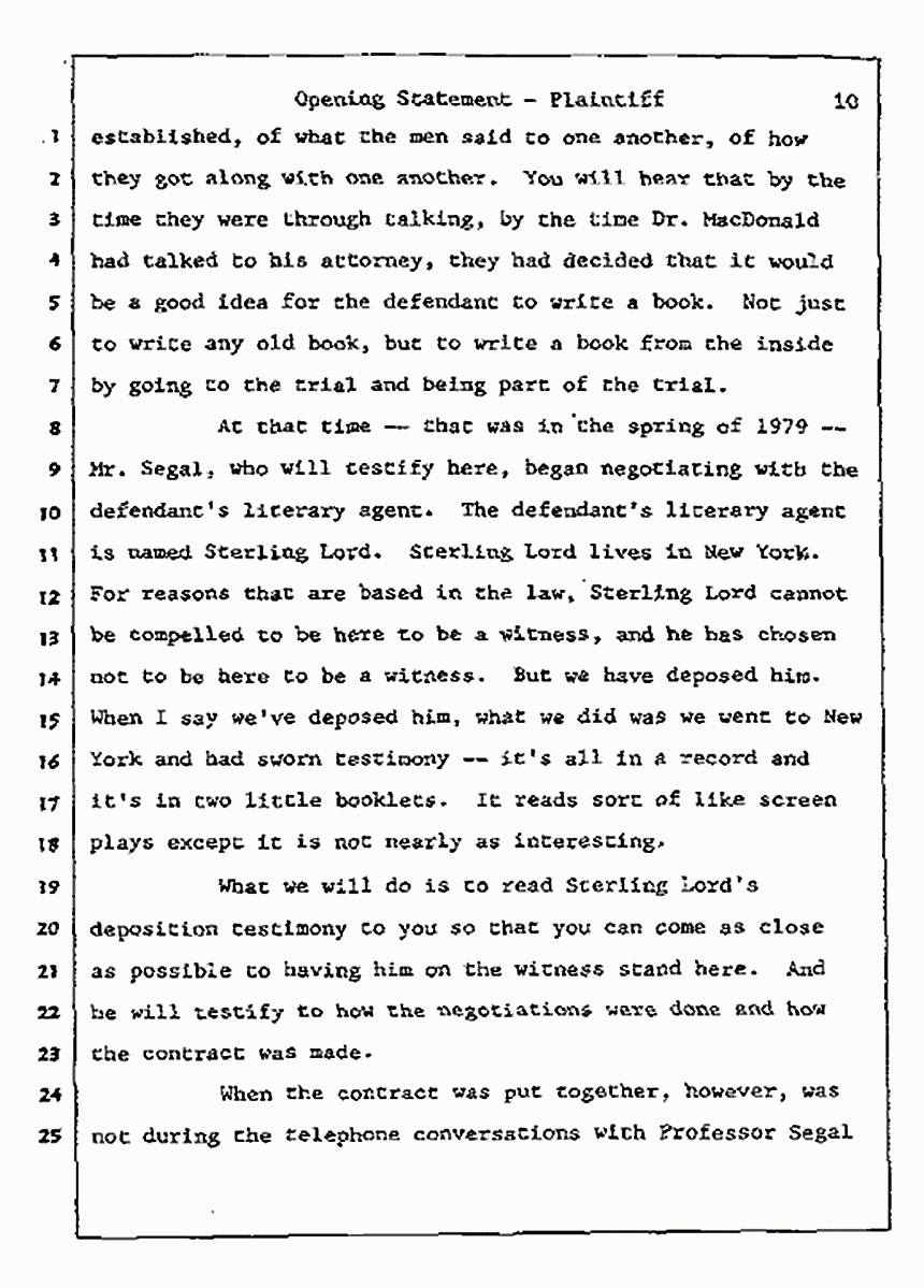 Los Angeles, California<br>Jeffrey MacDonald vs. Joe McGinniss Civil Trial<br><br>July 8, 1987: Opening Statements, p. 10