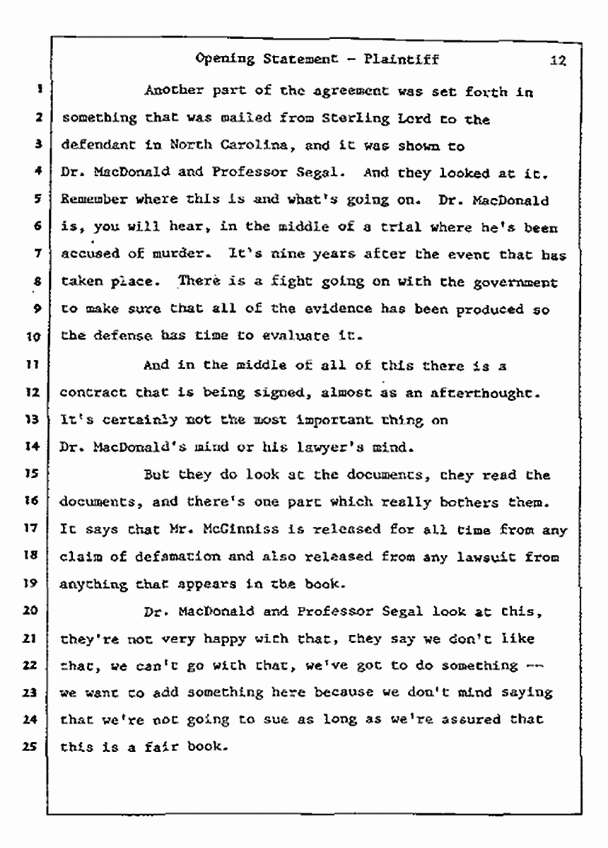Los Angeles, California<br>Jeffrey MacDonald vs. Joe McGinniss Civil Trial<br><br>July 8, 1987: Opening Statements, p. 12