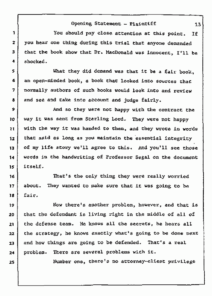 Los Angeles, California<br>Jeffrey MacDonald vs. Joe McGinniss Civil Trial<br><br>July 8, 1987: Opening Statements, p. 13