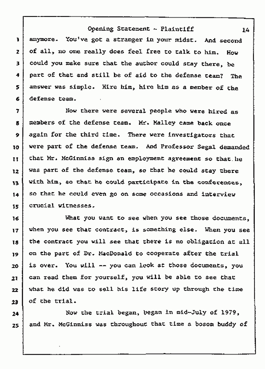 Los Angeles, California<br>Jeffrey MacDonald vs. Joe McGinniss Civil Trial<br><br>July 8, 1987: Opening Statements, p. 14