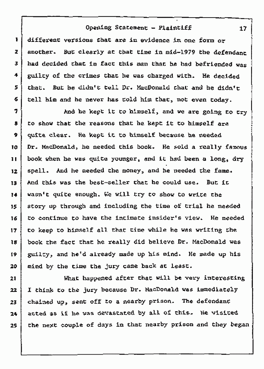 Los Angeles, California<br>Jeffrey MacDonald vs. Joe McGinniss Civil Trial<br><br>July 8, 1987: Opening Statements, p. 17