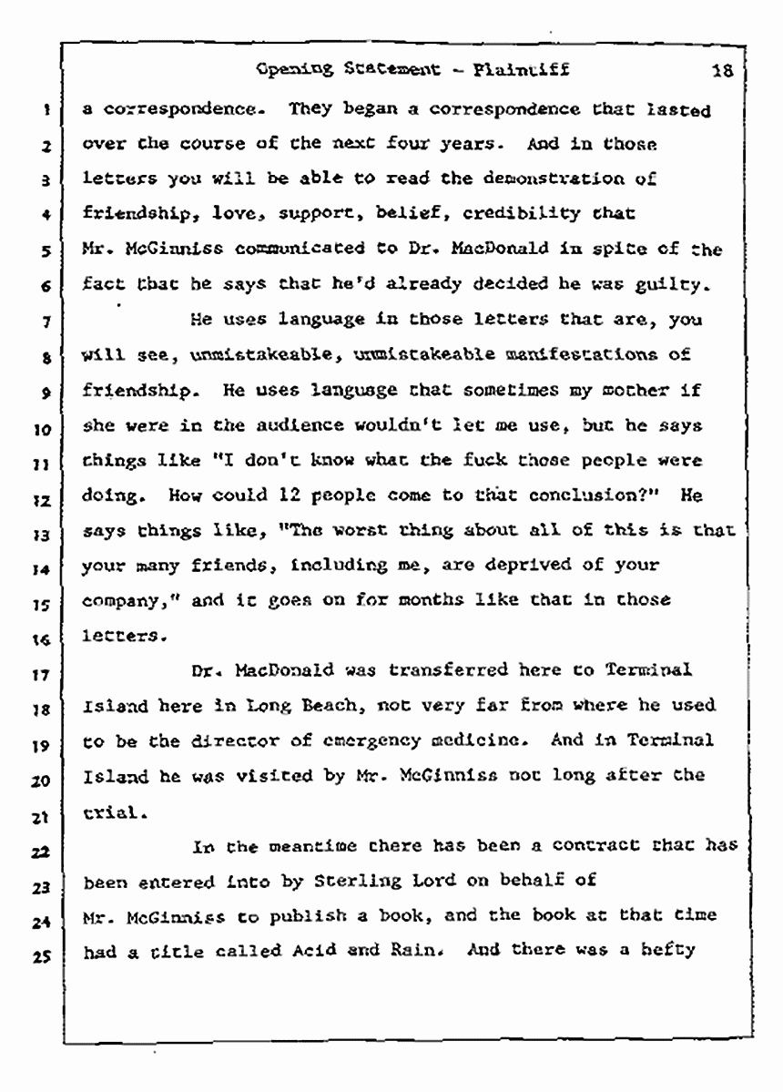 Los Angeles, California<br>Jeffrey MacDonald vs. Joe McGinniss Civil Trial<br><br>July 8, 1987: Opening Statements, p. 18