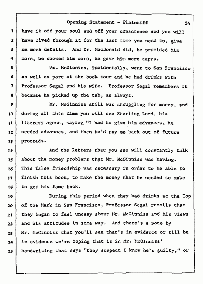 Los Angeles, California<br>Jeffrey MacDonald vs. Joe McGinniss Civil Trial<br><br>July 8, 1987: Opening Statements, p. 24