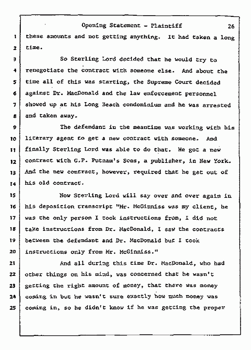 Los Angeles, California<br>Jeffrey MacDonald vs. Joe McGinniss Civil Trial<br><br>July 8, 1987: Opening Statements, p. 26