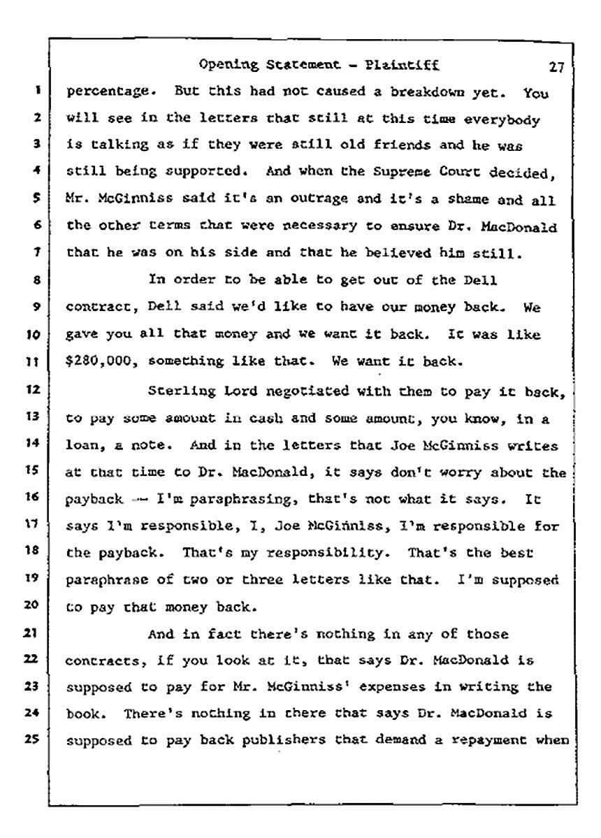 Los Angeles, California<br>Jeffrey MacDonald vs. Joe McGinniss Civil Trial<br><br>July 8, 1987: Opening Statements, p. 27