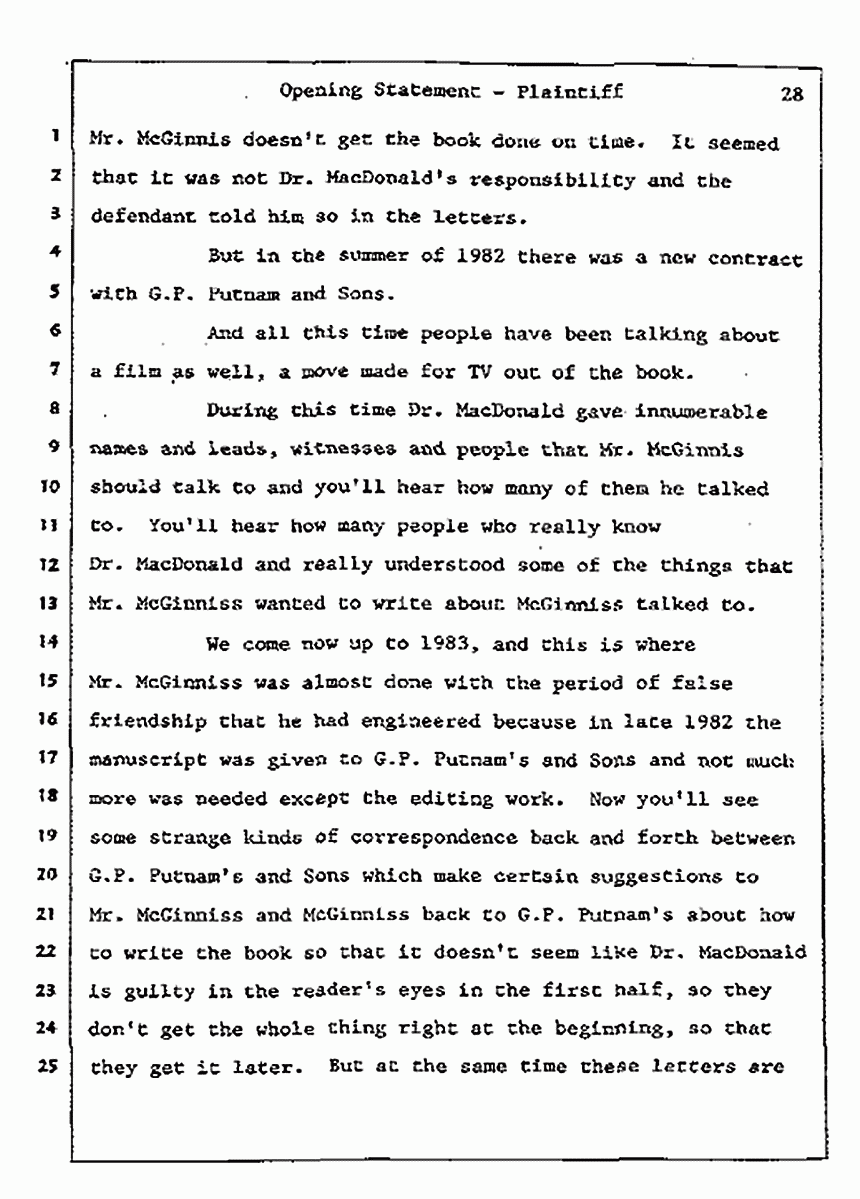 Los Angeles, California<br>Jeffrey MacDonald vs. Joe McGinniss Civil Trial<br><br>July 8, 1987: Opening Statements, p. 28