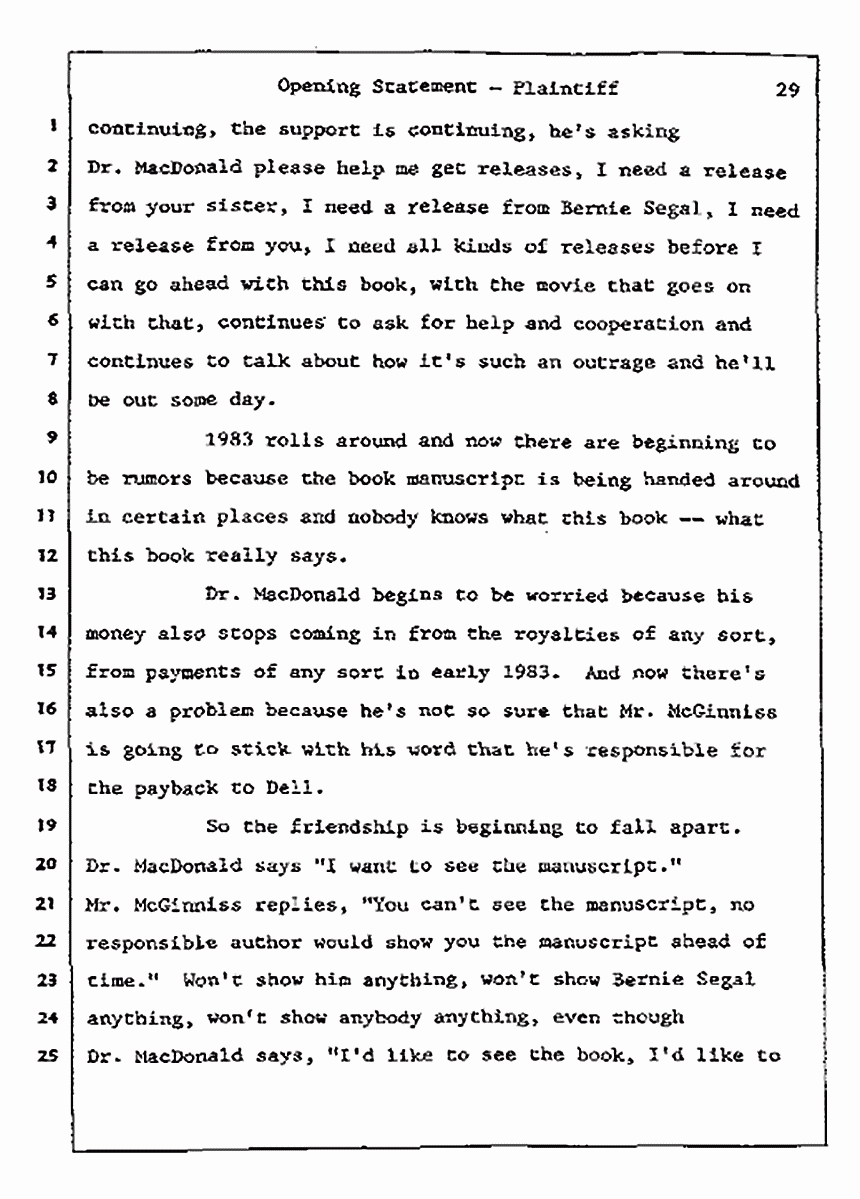Los Angeles, California<br>Jeffrey MacDonald vs. Joe McGinniss Civil Trial<br><br>July 8, 1987: Opening Statements, p. 29