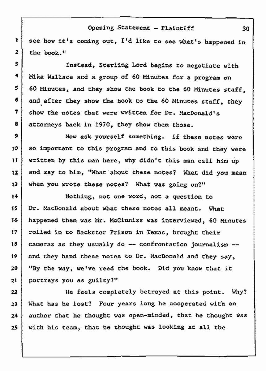 Los Angeles, California<br>Jeffrey MacDonald vs. Joe McGinniss Civil Trial<br><br>July 8, 1987: Opening Statements, p. 30