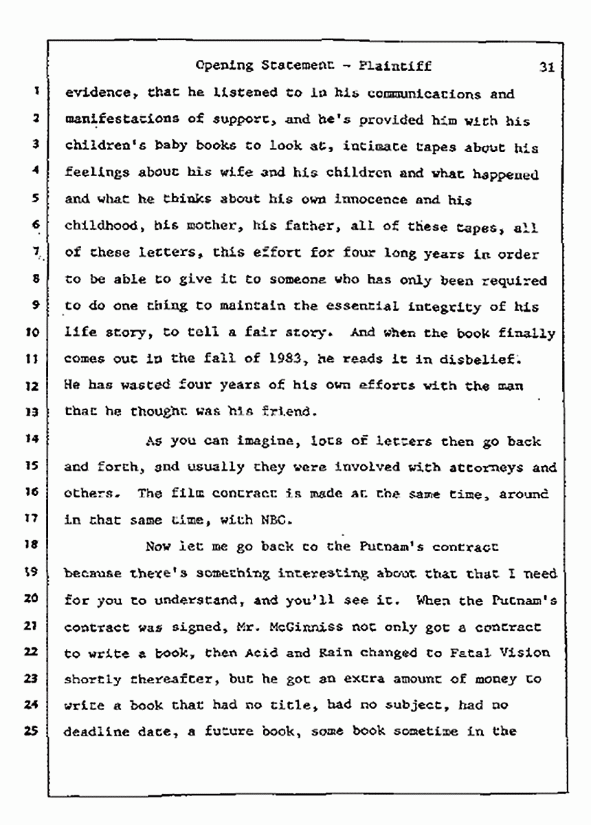 Los Angeles, California<br>Jeffrey MacDonald vs. Joe McGinniss Civil Trial<br><br>July 8, 1987: Opening Statements, p. 31