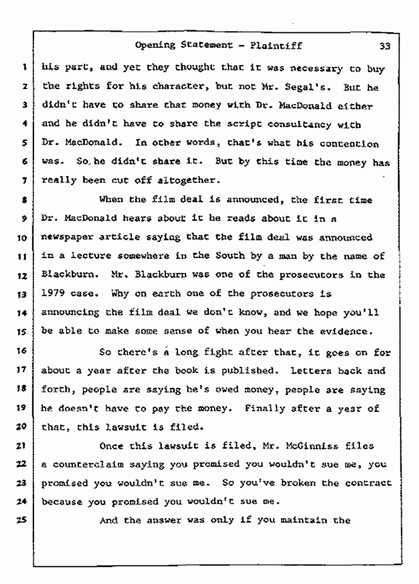 Los Angeles, California<br>Jeffrey MacDonald vs. Joe McGinniss Civil Trial<br><br>July 8, 1987: Opening Statements, p. 33