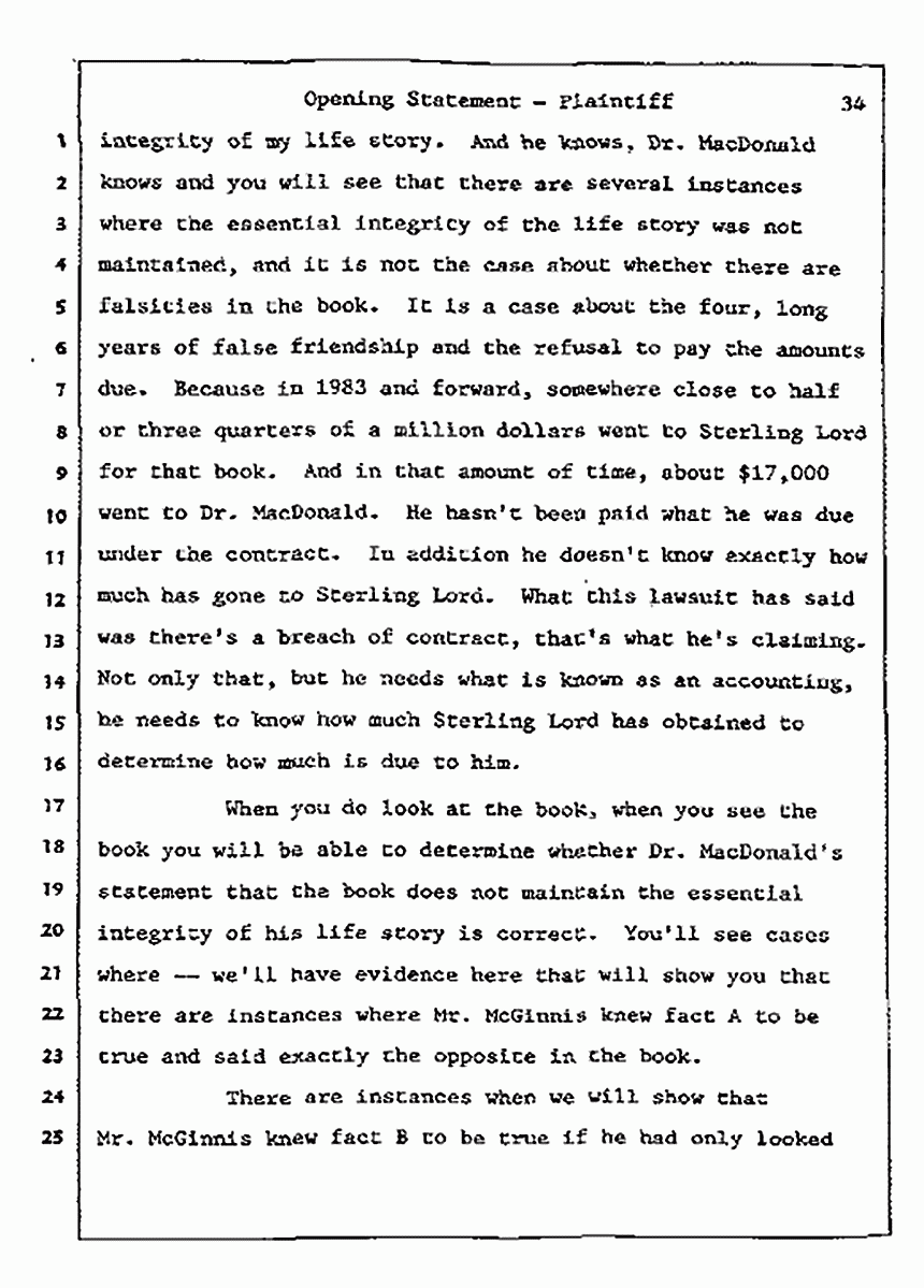 Los Angeles, California<br>Jeffrey MacDonald vs. Joe McGinniss Civil Trial<br><br>July 8, 1987: Opening Statements, p. 34