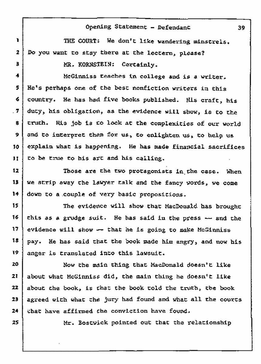 Los Angeles, California<br>Jeffrey MacDonald vs. Joe McGinniss Civil Trial<br><br>July 8, 1987: Opening Statements, p. 39