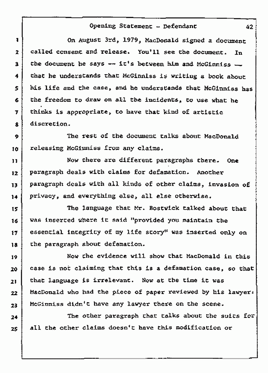 Los Angeles, California<br>Jeffrey MacDonald vs. Joe McGinniss Civil Trial<br><br>July 8, 1987: Opening Statements, p. 42