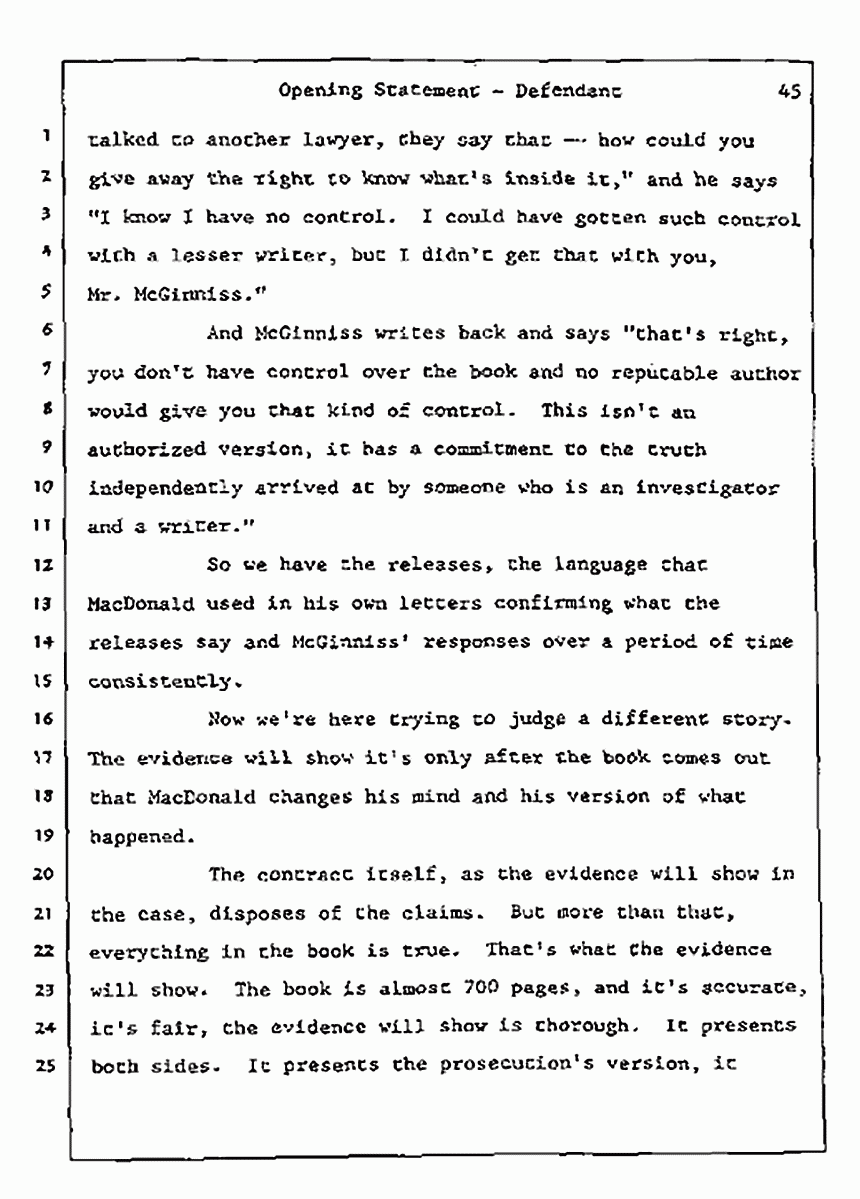 Los Angeles, California<br>Jeffrey MacDonald vs. Joe McGinniss Civil Trial<br><br>July 8, 1987: Opening Statements, p. 45