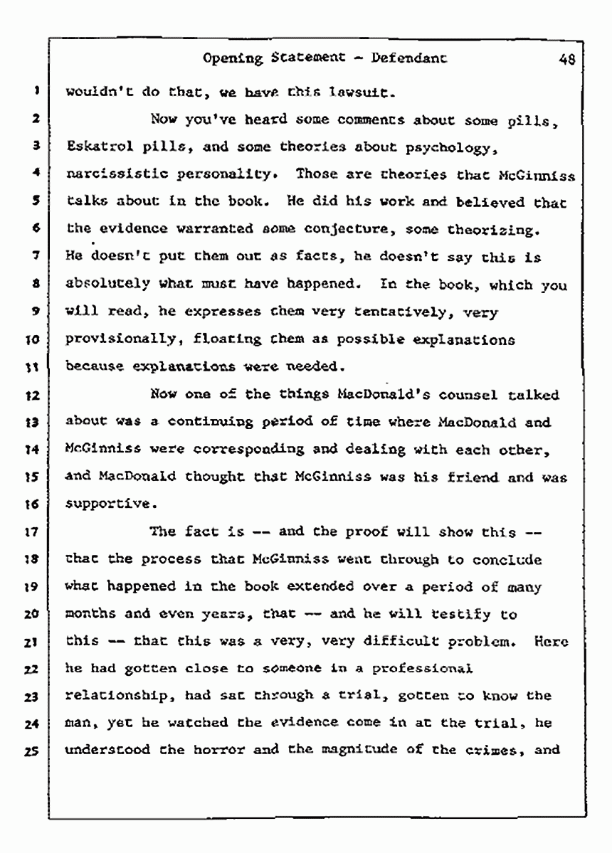 Los Angeles, California<br>Jeffrey MacDonald vs. Joe McGinniss Civil Trial<br><br>July 8, 1987: Opening Statements, p. 48
