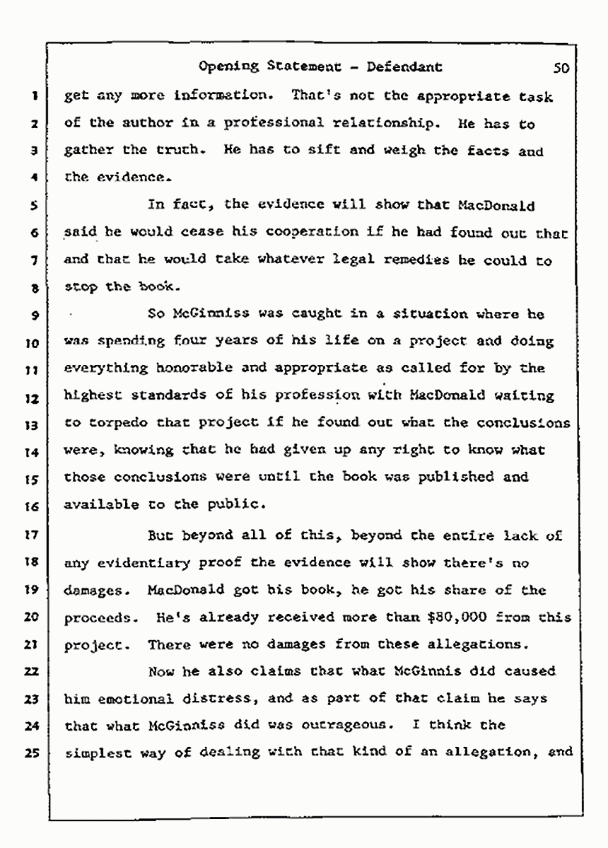 Los Angeles, California<br>Jeffrey MacDonald vs. Joe McGinniss Civil Trial<br><br>July 8, 1987: Opening Statements, p. 50