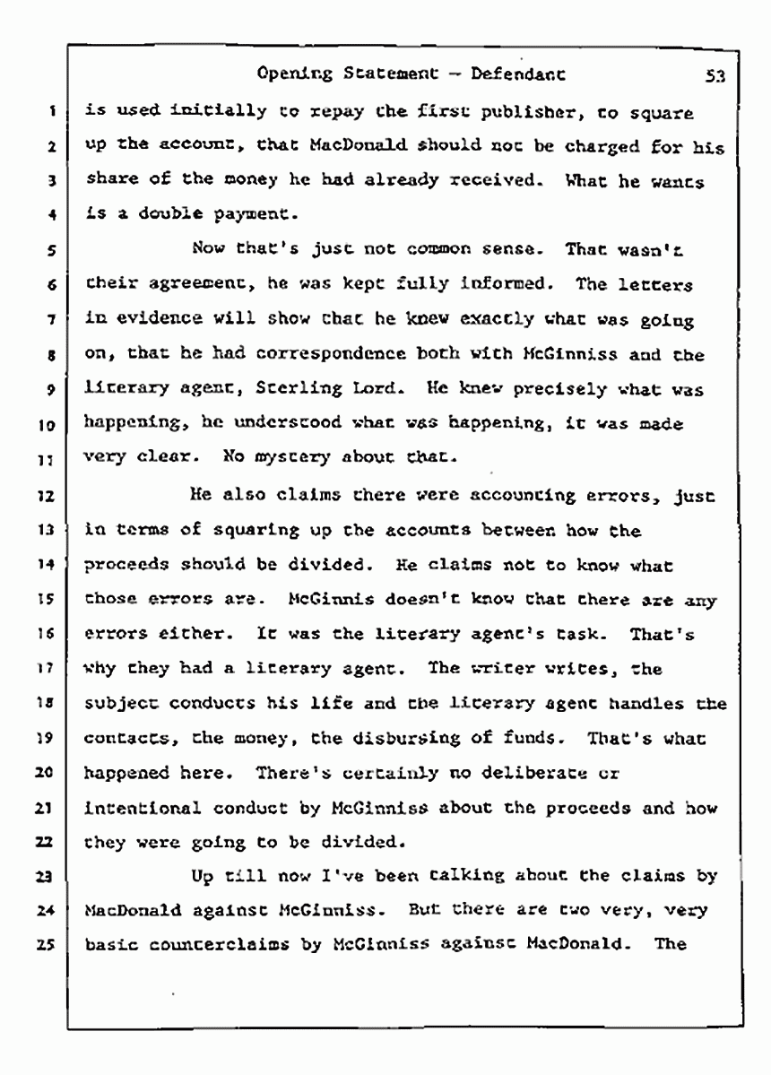 Los Angeles, California<br>Jeffrey MacDonald vs. Joe McGinniss Civil Trial<br><br>July 8, 1987: Opening Statements, p. 53