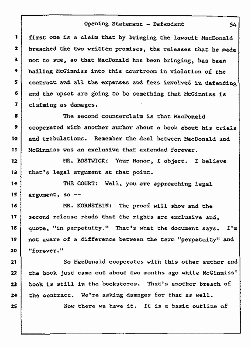 Los Angeles, California<br>Jeffrey MacDonald vs. Joe McGinniss Civil Trial<br><br>July 8, 1987: Opening Statements, p. 54