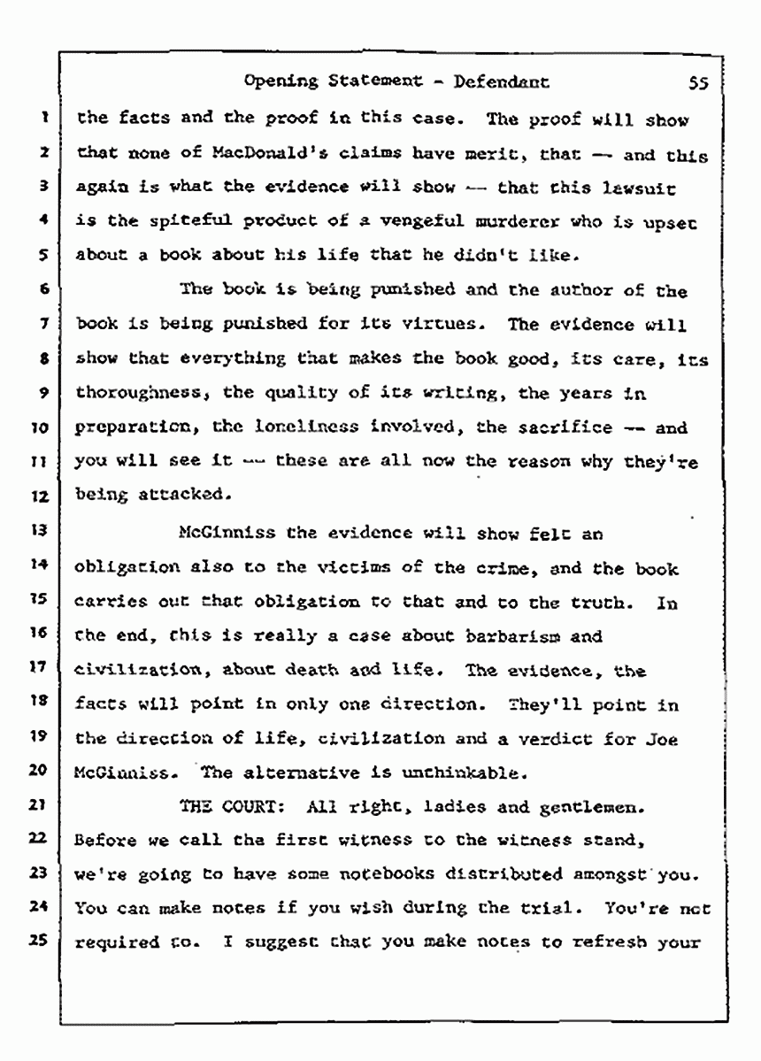 Los Angeles, California<br>Jeffrey MacDonald vs. Joe McGinniss Civil Trial<br><br>July 8, 1987: Opening Statements, p. 55