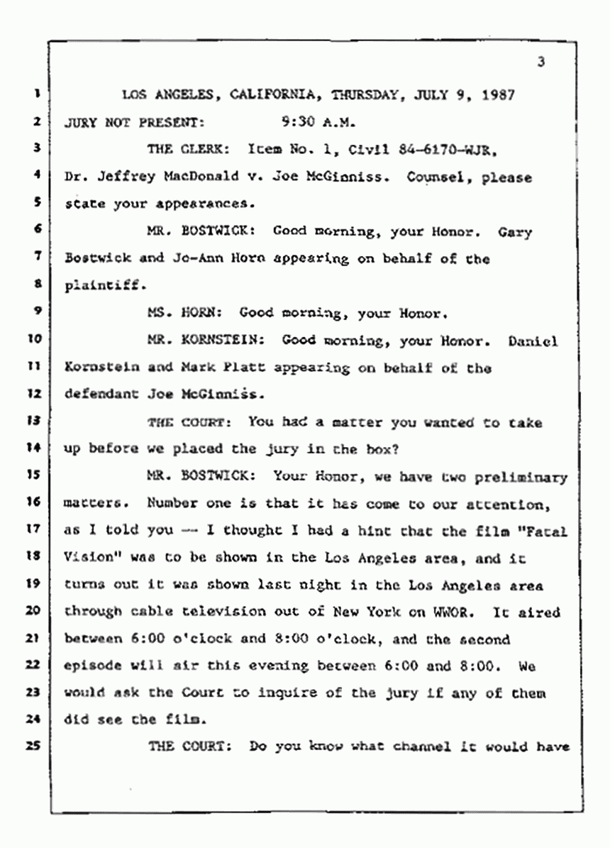 Los Angeles, California Civil Trial<br>Jeffrey MacDonald vs. Joe McGinniss<br><br>July 9, 1987:<br>Plaintiff's Witness: Bernard Segal, p. 3