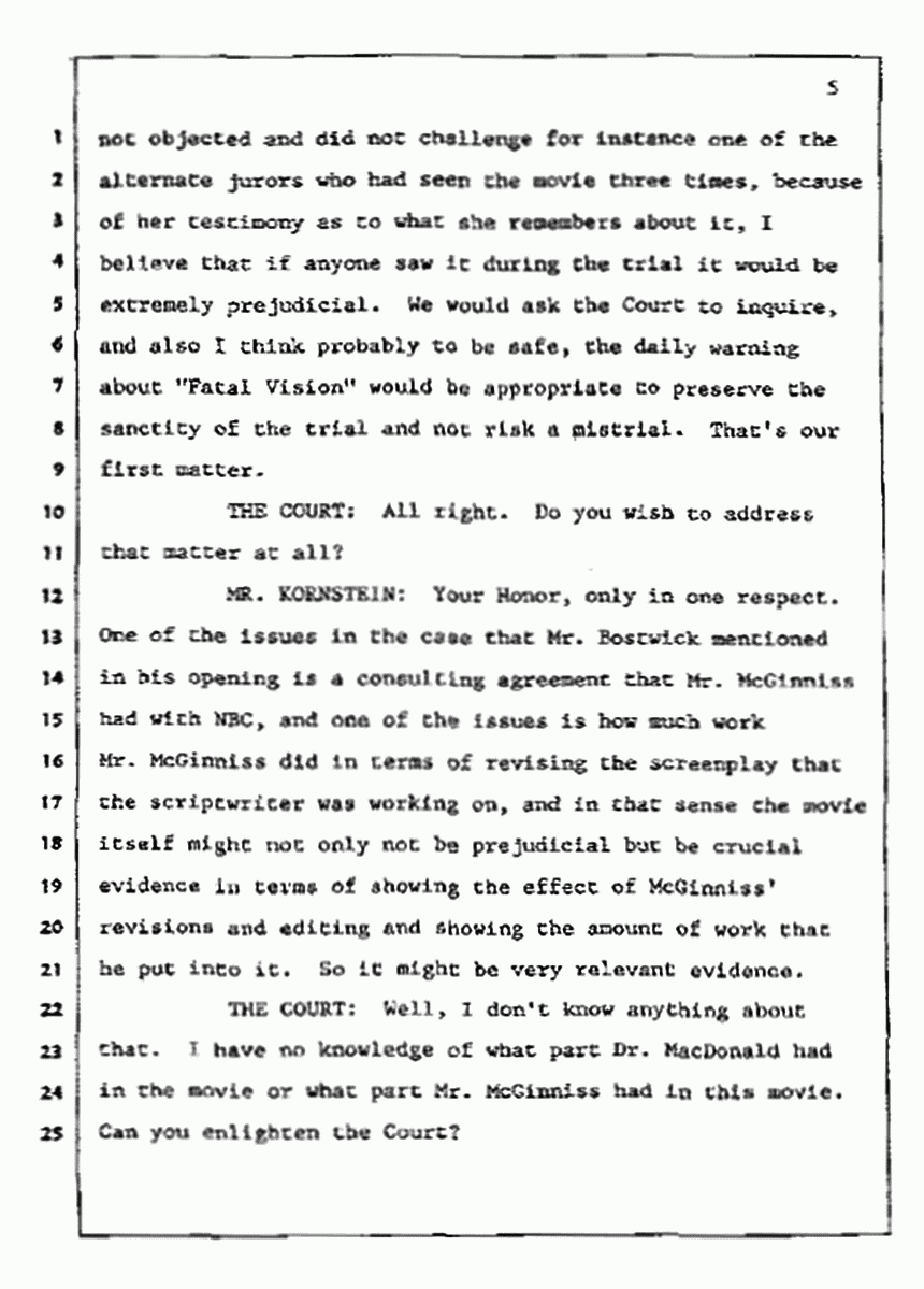 Los Angeles, California Civil Trial<br>Jeffrey MacDonald vs. Joe McGinniss<br><br>July 9, 1987:<br>Plaintiff's Witness: Bernard Segal, p. 5