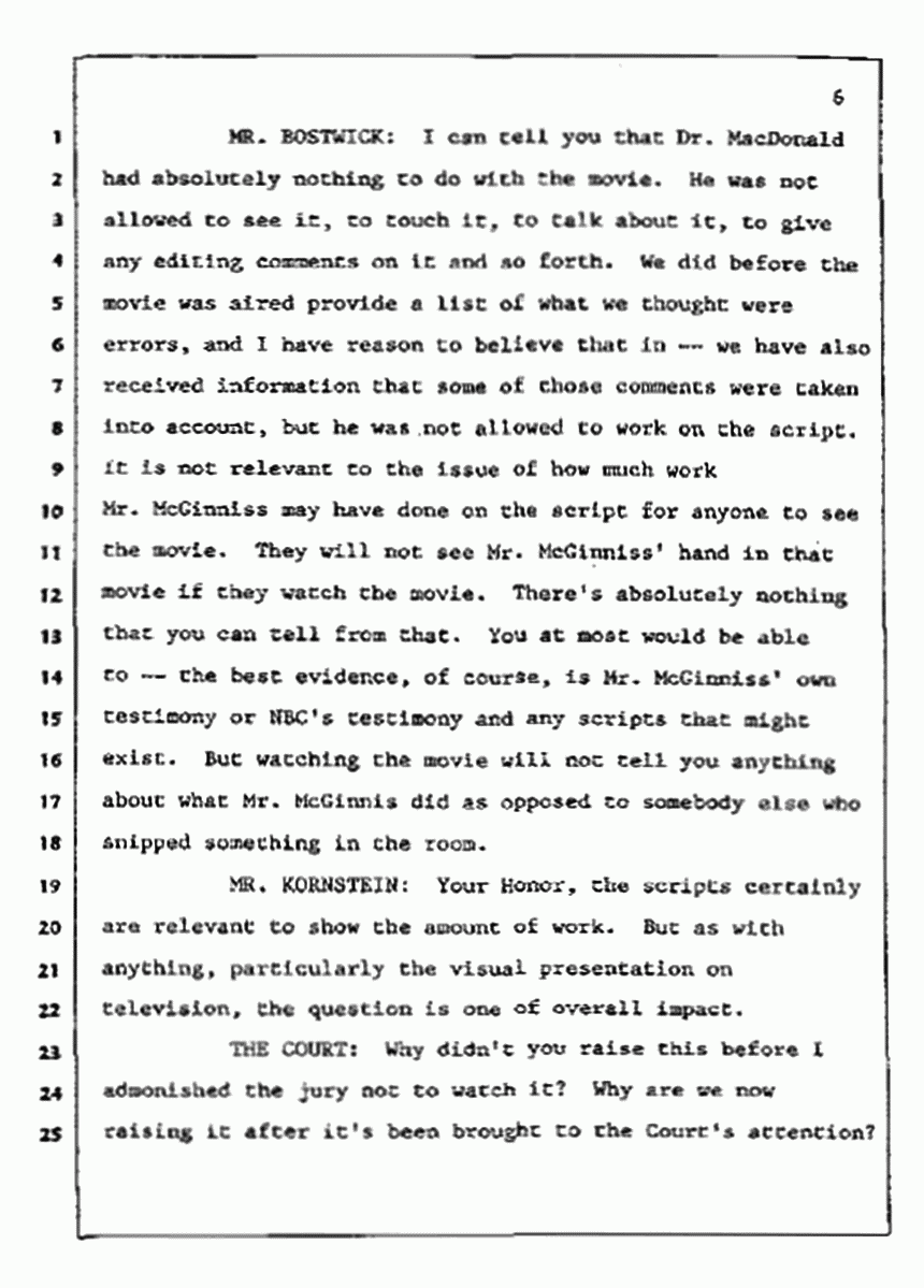 Los Angeles, California Civil Trial<br>Jeffrey MacDonald vs. Joe McGinniss<br><br>July 9, 1987:<br>Plaintiff's Witness: Bernard Segal, p. 6