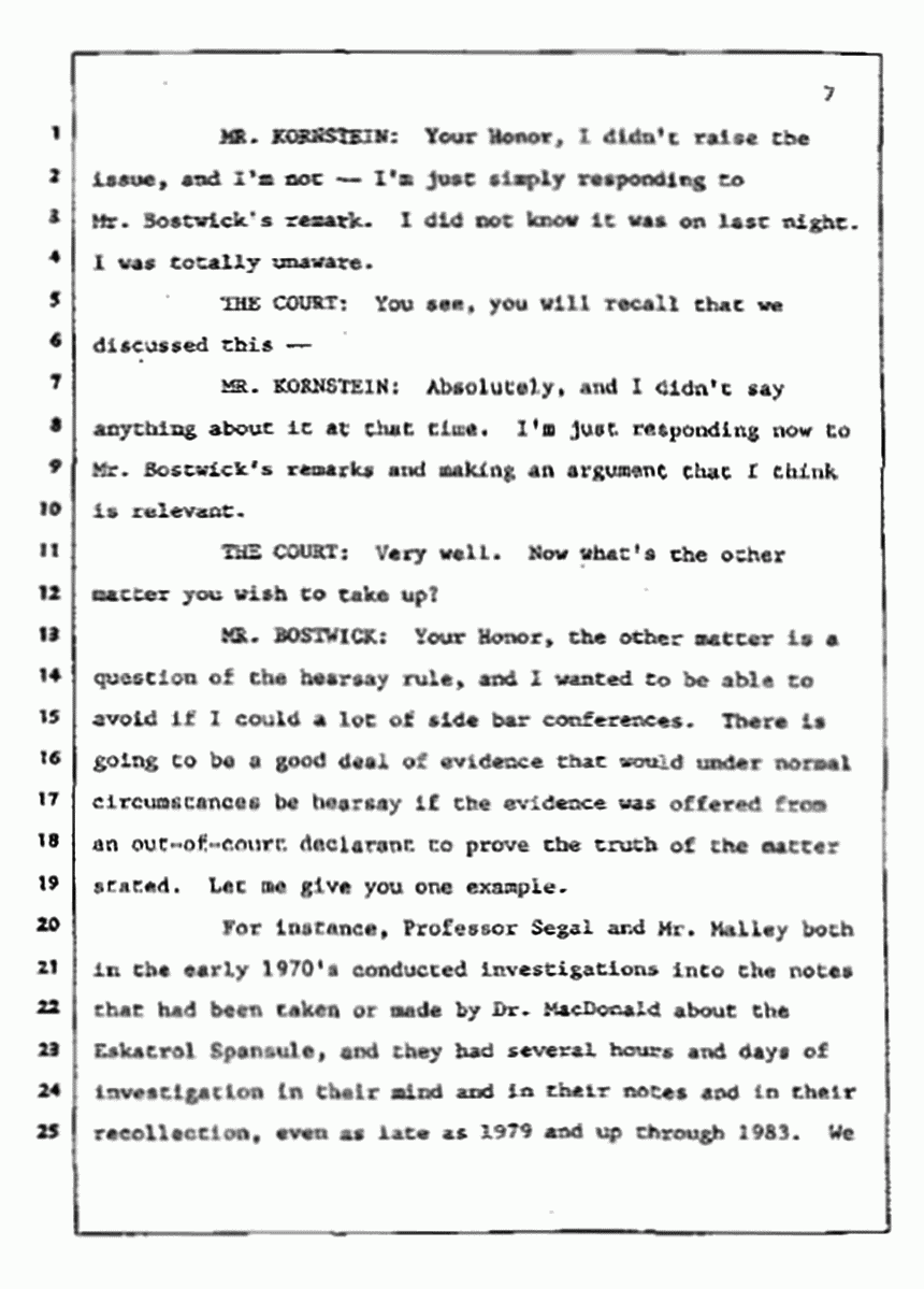 Los Angeles, California Civil Trial<br>Jeffrey MacDonald vs. Joe McGinniss<br><br>July 9, 1987:<br>Plaintiff's Witness: Bernard Segal, p. 7