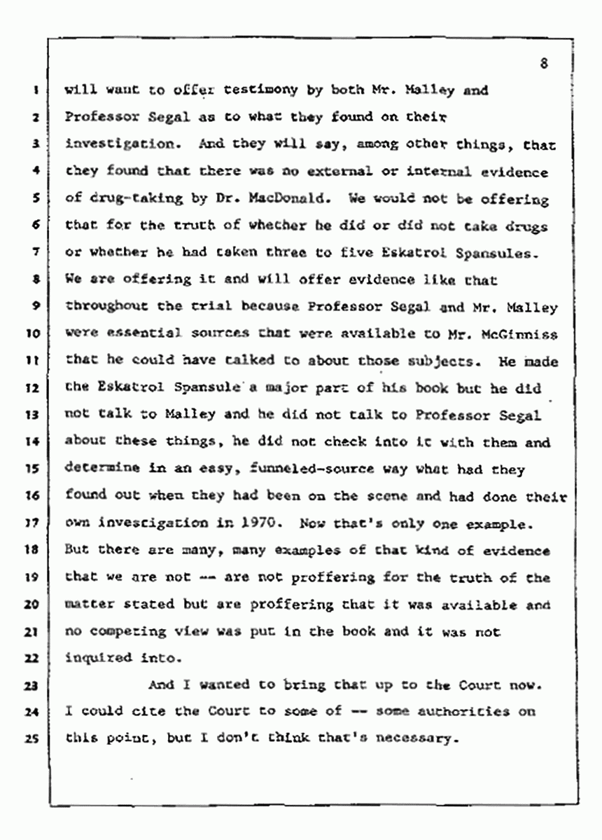 Los Angeles, California Civil Trial<br>Jeffrey MacDonald vs. Joe McGinniss<br><br>July 9, 1987:<br>Plaintiff's Witness: Bernard Segal, p. 8