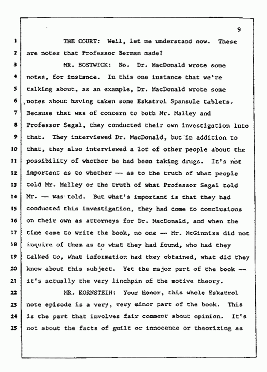 Los Angeles, California Civil Trial<br>Jeffrey MacDonald vs. Joe McGinniss<br><br>July 9, 1987:<br>Plaintiff's Witness: Bernard Segal, p. 9