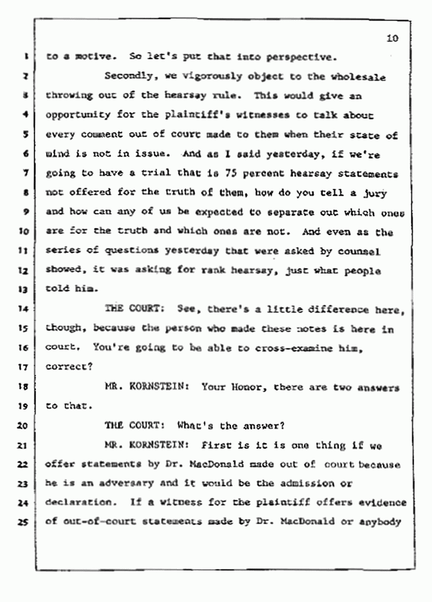 Los Angeles, California Civil Trial<br>Jeffrey MacDonald vs. Joe McGinniss<br><br>July 9, 1987:<br>Plaintiff's Witness: Bernard Segal, p. 10