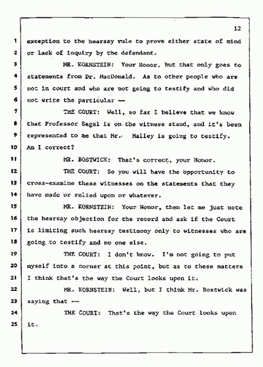 Los Angeles, California Civil Trial<br>Jeffrey MacDonald vs. Joe McGinniss<br><br>July 9, 1987:<br>Plaintiff's Witness: Bernard Segal, p. 12