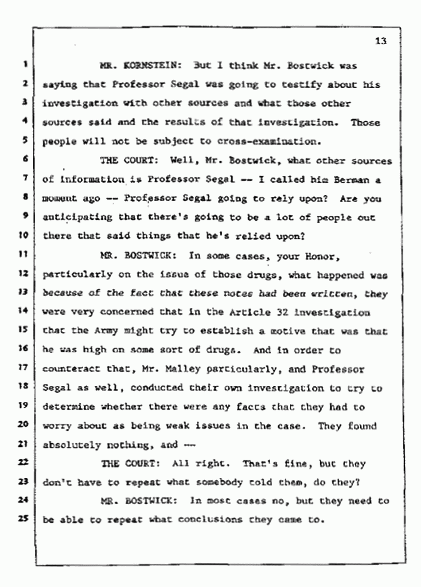 Los Angeles, California Civil Trial<br>Jeffrey MacDonald vs. Joe McGinniss<br><br>July 9, 1987:<br>Plaintiff's Witness: Bernard Segal, p. 13