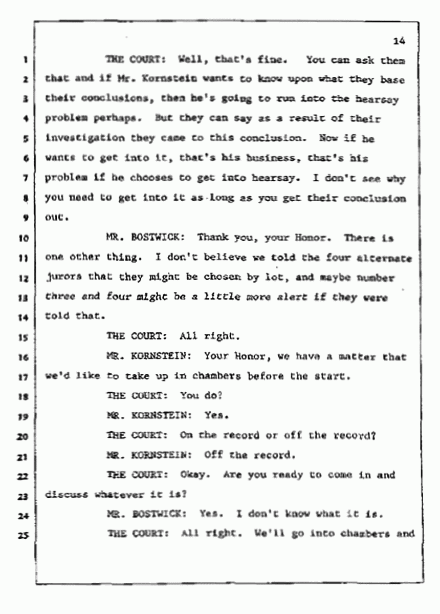 Los Angeles, California Civil Trial<br>Jeffrey MacDonald vs. Joe McGinniss<br><br>July 9, 1987:<br>Plaintiff's Witness: Bernard Segal, p. 14