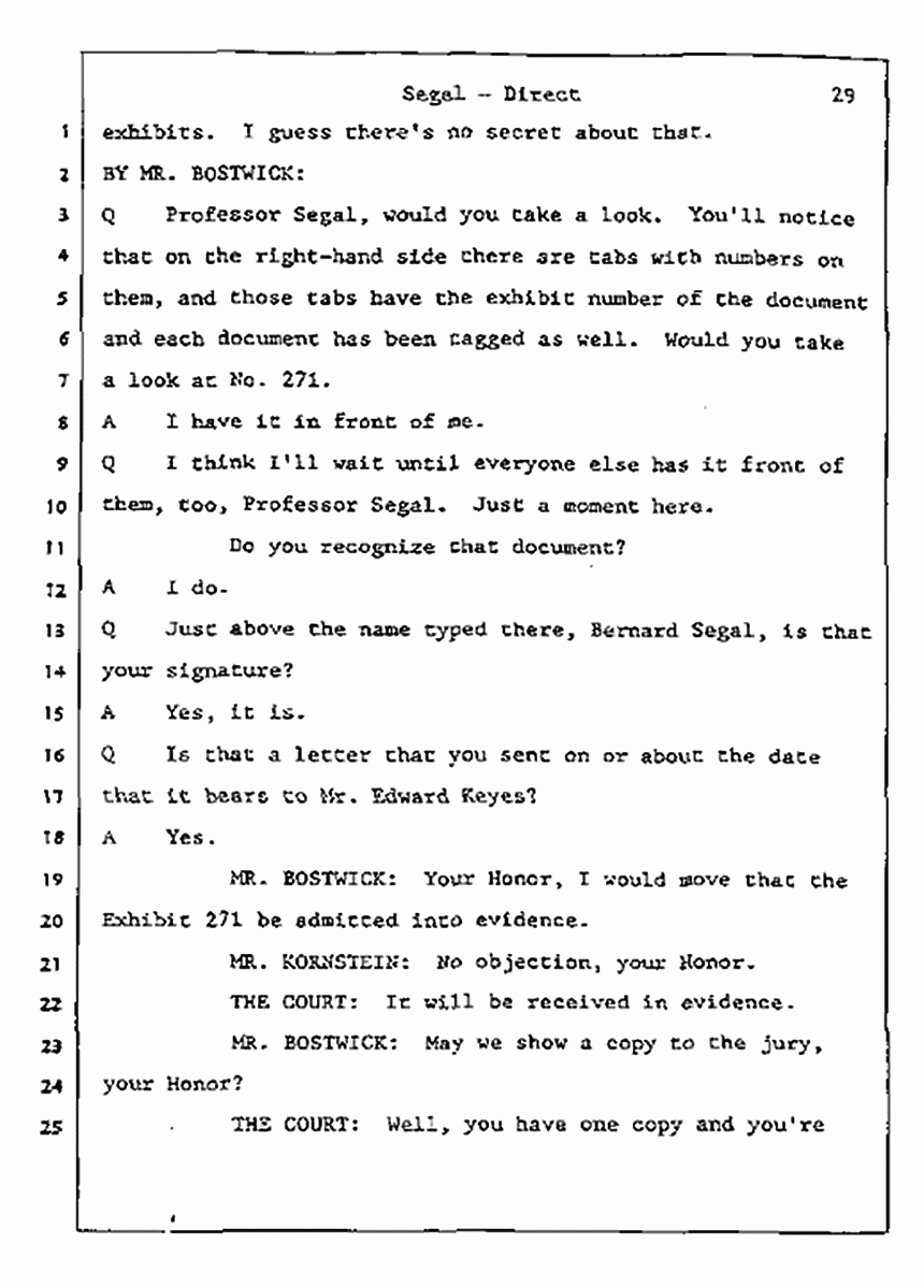 Los Angeles, California Civil Trial<br>Jeffrey MacDonald vs. Joe McGinniss<br><br>July 9, 1987:<br>Plaintiff's Witness: Bernard Segal, p. 29