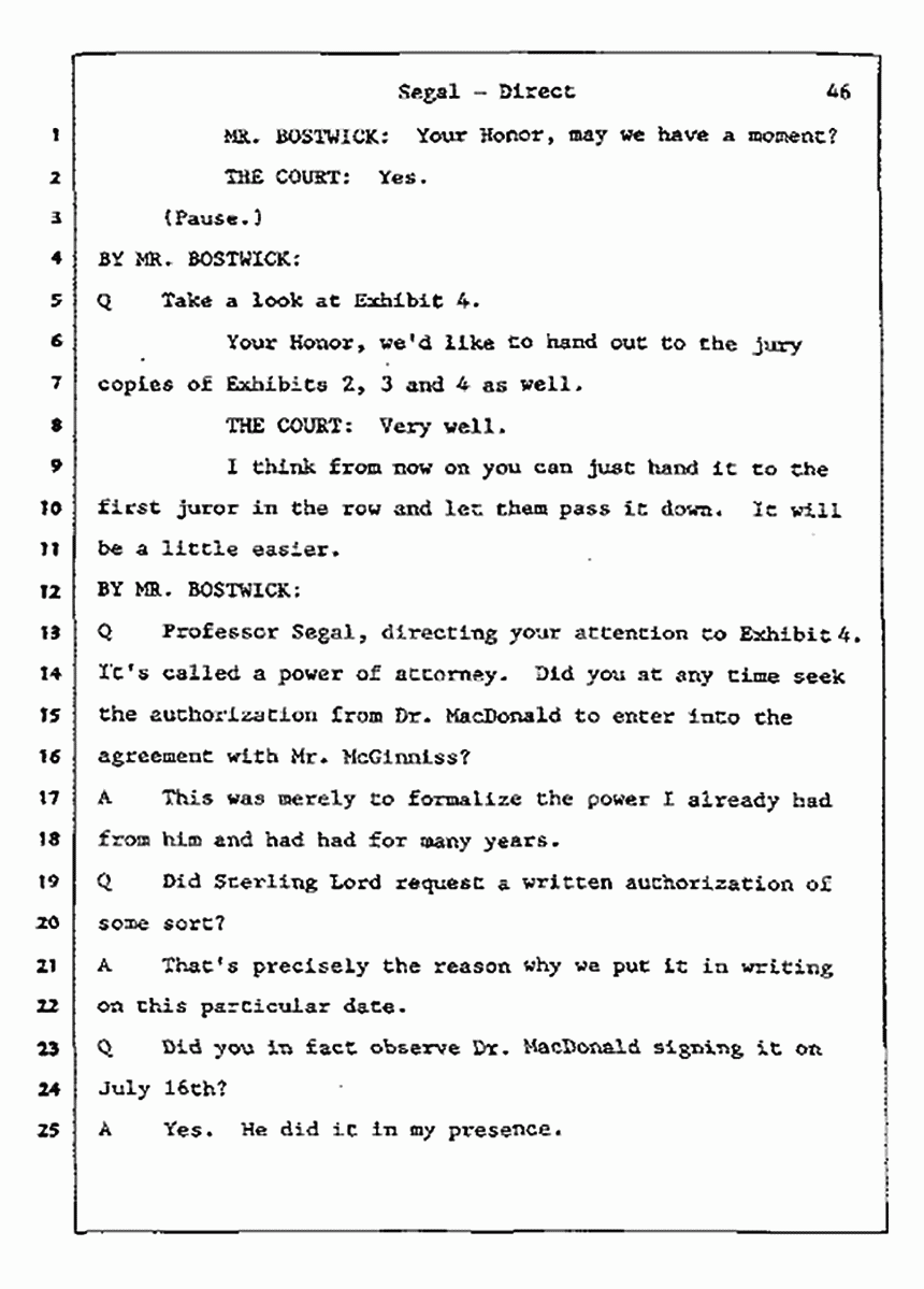 Los Angeles, California Civil Trial<br>Jeffrey MacDonald vs. Joe McGinniss<br><br>July 9, 1987:<br>Plaintiff's Witness: Bernard Segal, p. 46