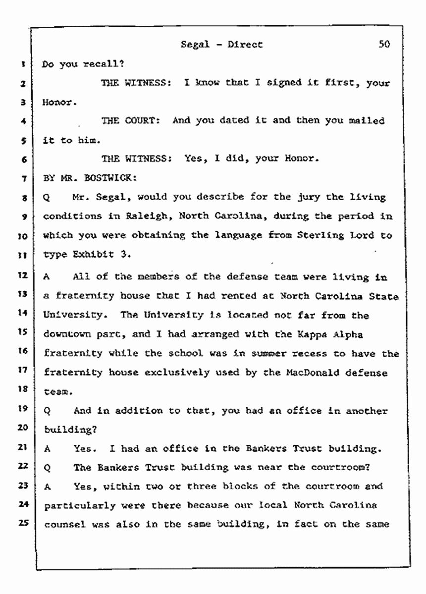 Los Angeles, California Civil Trial<br>Jeffrey MacDonald vs. Joe McGinniss<br><br>July 9, 1987:<br>Plaintiff's Witness: Bernard Segal, p. 50